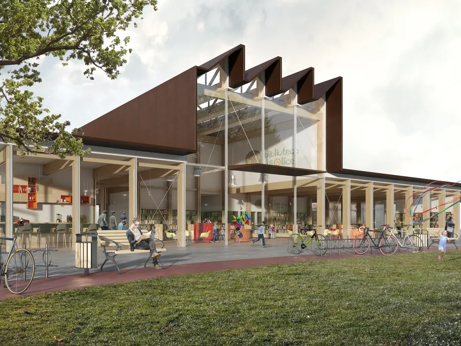Rendering della nuova Biblioteca di Alice con copertura a shed, facciata vetrata e parco antistante