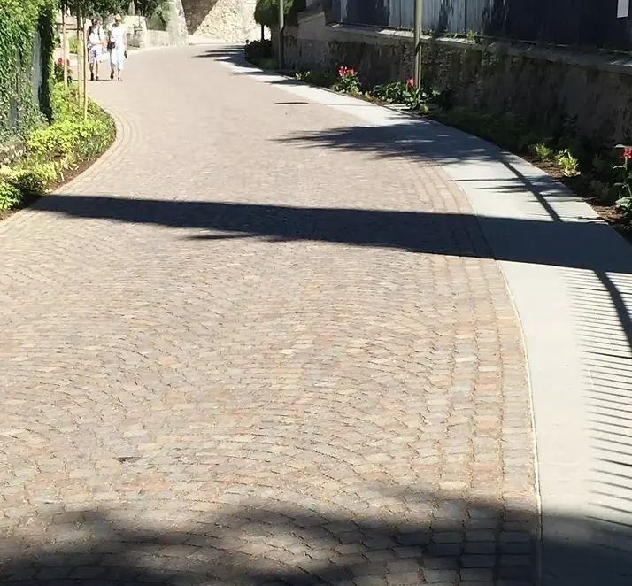 Strada in cubetti di pietra con marciapiede e aiuole fiorite